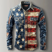 Vintage Men's Long Sleeve American Flag Button Up Casual Slim Fit Shirt