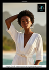 Woman in a white dress with gold earrings against a scenic background, featuring the brand 'MFL'.
