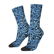 Blue and Black Abstract Line Mid-calf Socks Deep Sea Trendy Comfortable and Breathable Socks