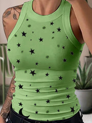 Sleeveless Summer Elastic T-shirt O Neck Racerback Sexy Stripe Print Tank Top
