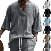 MFL Urban Luxe: Cable Knit V-neck Street Style Men's Short Sleeve Sets