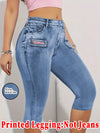 Fashionable women's printed denim skinny capris, high-elastic seamless design with mock pockets, casual sports wear