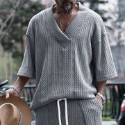 MFL Urban Luxe: Cable Knit V-neck Street Style Men's Short Sleeve Sets