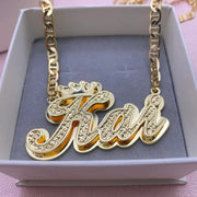 3D Name Necklace with Crown Double Layer Pendant Flat Chain Jewelry Gift