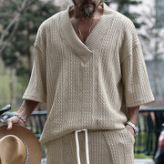 MFL Urban Luxe: Cable Knit V-neck Street Style Men's Short Sleeve Sets