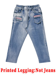 Fashionable women's printed denim skinny capris, high-elastic seamless design with mock pockets, casual sports wear
