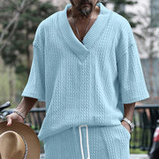 MFL Urban Luxe: Cable Knit V-neck Street Style Men's Short Sleeve Sets