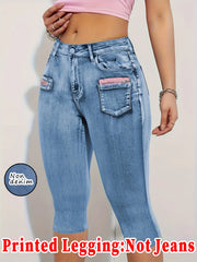 Fashionable women's printed denim skinny capris, high-elastic seamless design with mock pockets, casual sports wear