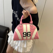 Retro Sporty Striped Dome Totes Bags with Print Top Handle Bags Detachable Strap Shoulder Handbag Purse