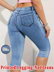 Fashionable women's printed denim skinny capris, high-elastic seamless design with mock pockets, casual sports wear