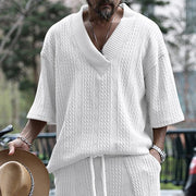 MFL Urban Luxe: Cable Knit V-neck Street Style Men's Short Sleeve Sets