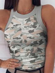 Sleeveless Summer Elastic T-shirt O Neck Racerback Sexy Stripe Print Tank Top