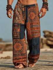 Tribal Print Casual 3D Print Pants, Mid Waist Baggy Drawstring Pants with Pockets, Spring & Summer