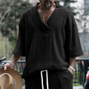 MFL Urban Luxe: Cable Knit V-neck Street Style Men's Short Sleeve Sets
