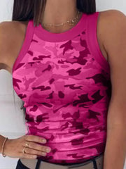 Sleeveless Summer Elastic T-shirt O Neck Racerback Sexy Stripe Print Tank Top