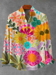 Men's Summer Casual Art Pattern Printed Long Sleeved Shirt, Comfortable, Breathable, Fashionable Button Up Men's Top
