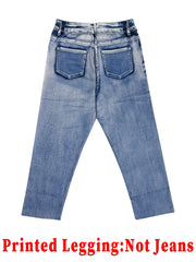 Fashionable women's printed denim skinny capris, high-elastic seamless design with mock pockets, casual sports wear